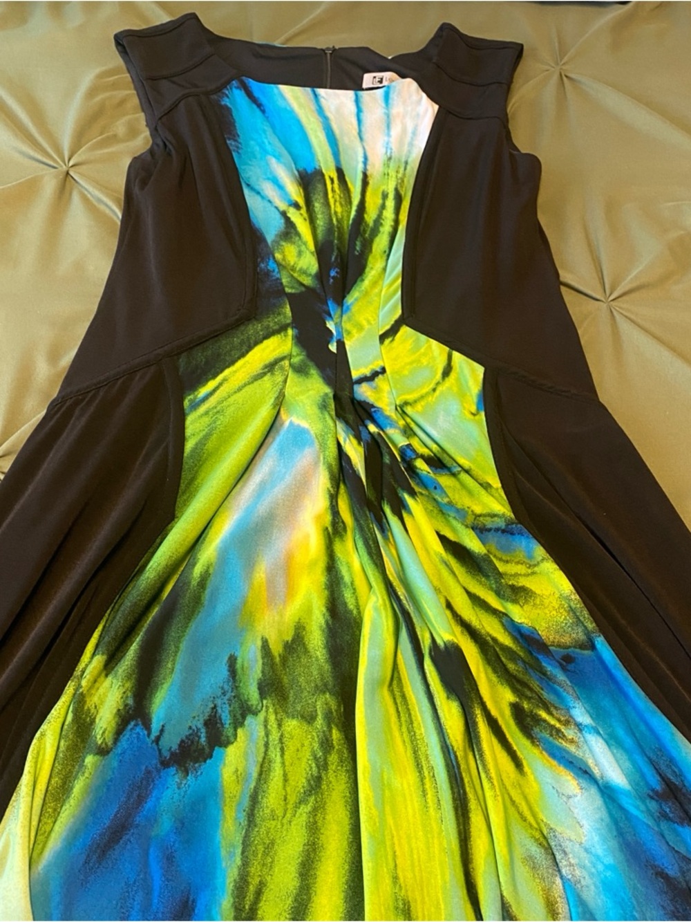 Leslie Fay Black Dress with Blue & Yellow Abstract Panel
